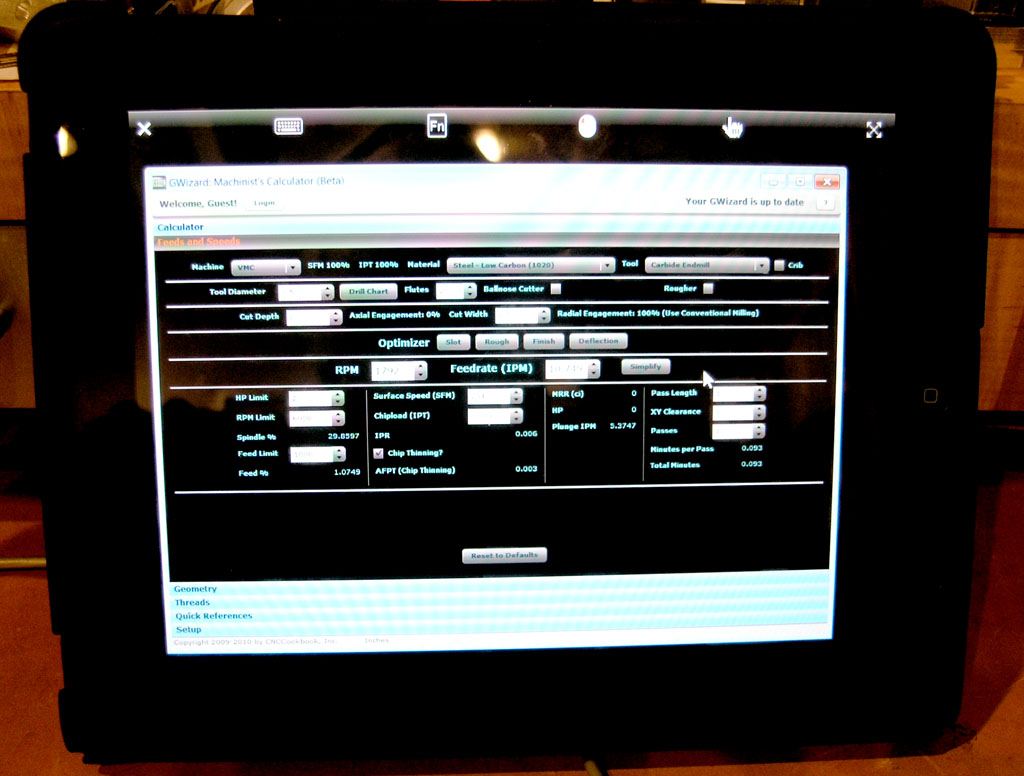 G-Wizard Machinist's Calculator on an iPad