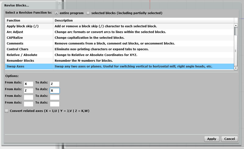 Swap Axes command for g-code editor